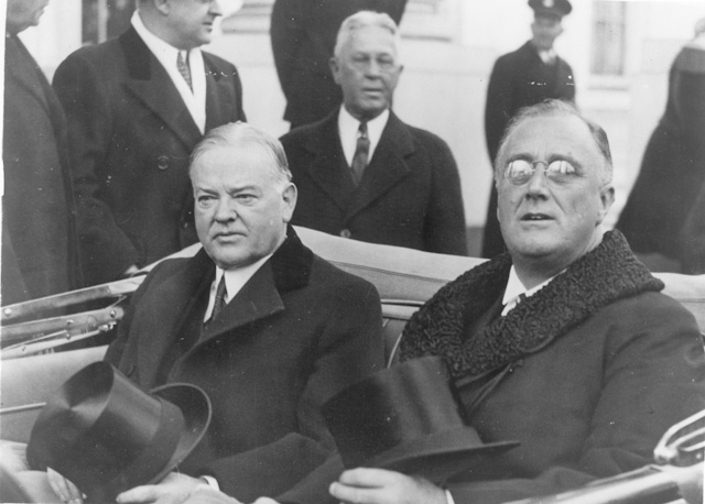 Herbert Hoover and Franklin D. Roosevelt ride together to the 1933 Inauguration