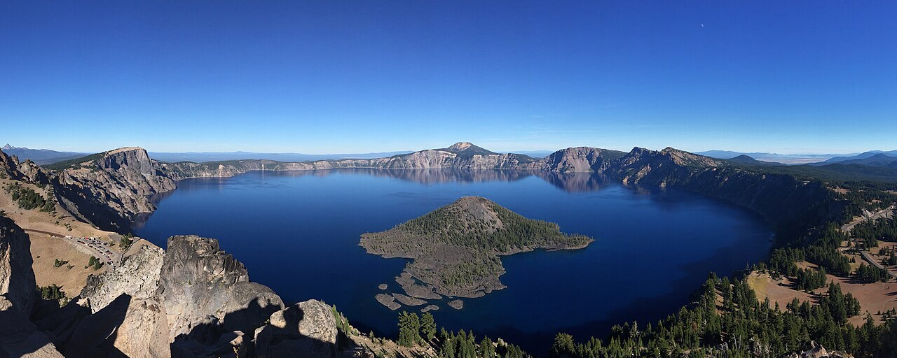 Photo of Crater Lake from a high-up view.