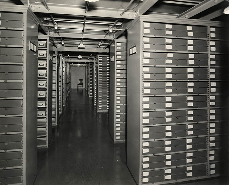 A view inside the first archival storage areas at the FDR Presidential Library in Hyde Park, NY, 1941.