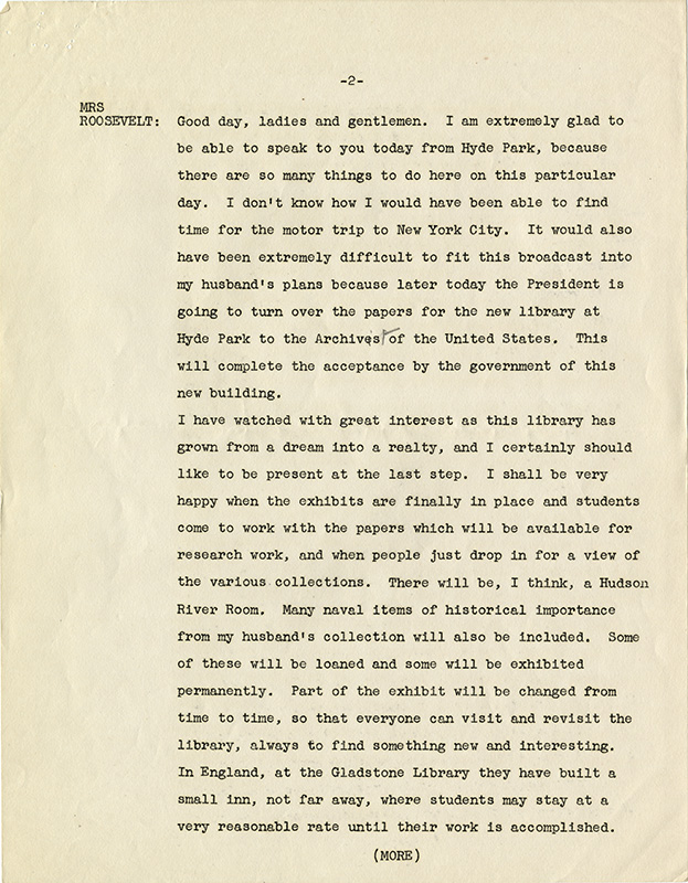 Radio show transcript of Eleanor Roosevelt's comments about the Library, 1941