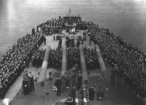 Sunday services aboard the British battleship, Prince of Wales. FDR and Winston Churchill sign the Atlantic Charter aboard this trip in 1941.